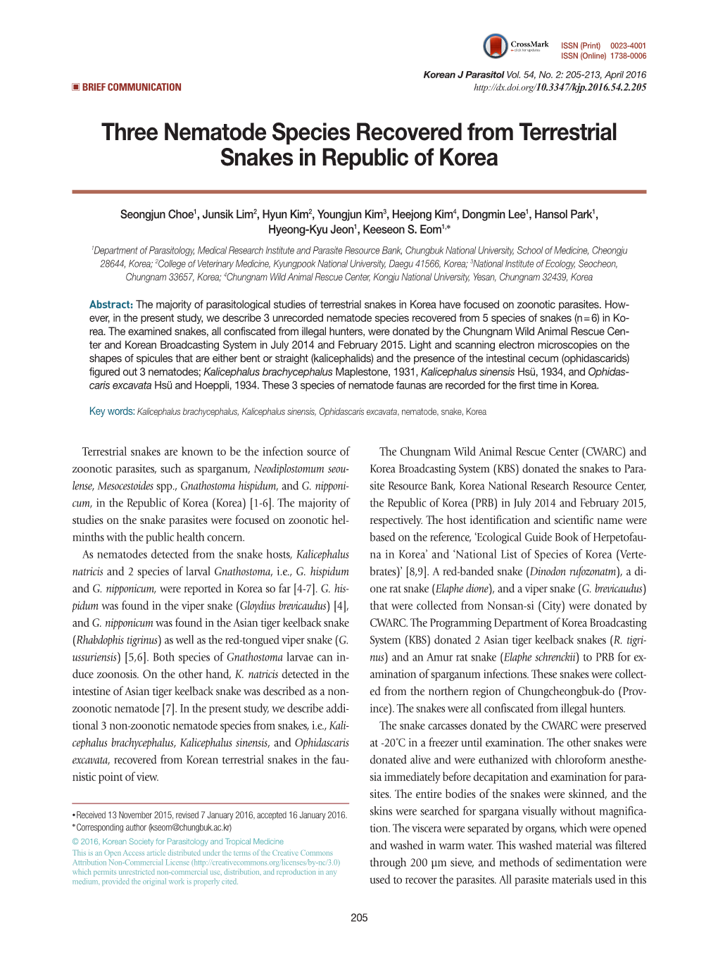 Three Nematode Species Recovered from Terrestrial Snakes in Republic of Korea