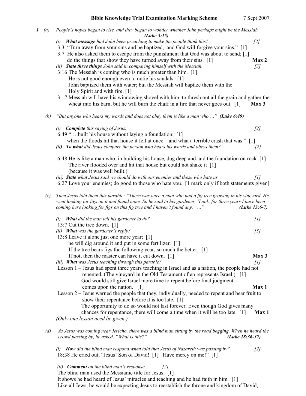 Bible Knowledge Trial Examination Marking Scheme 7 Sept 2007