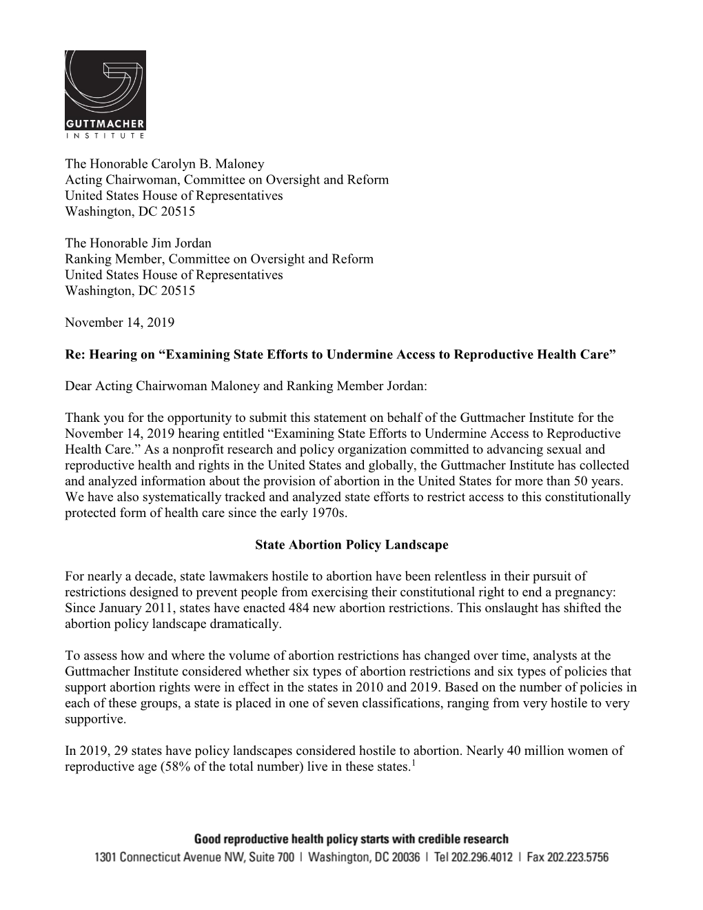 The Honorable Carolyn B. Maloney Acting Chairwoman, Committee on Oversight and Reform United States House of Representatives Washington, DC 20515