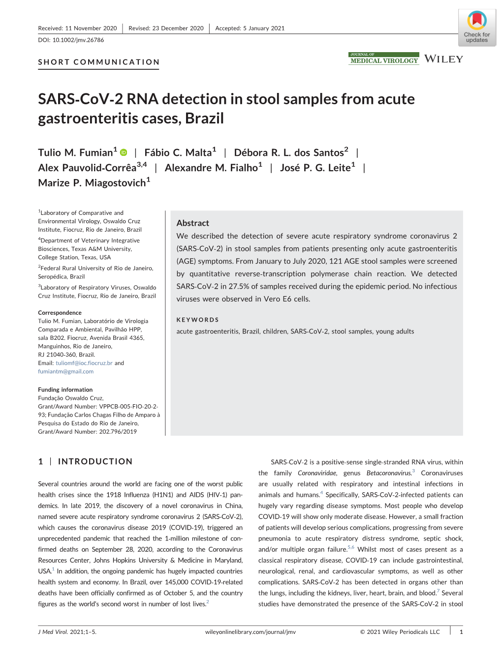 SARS‐Cov‐2 RNA Detection in Stool Samples from Acute Gastroenteritis Cases, Brazil