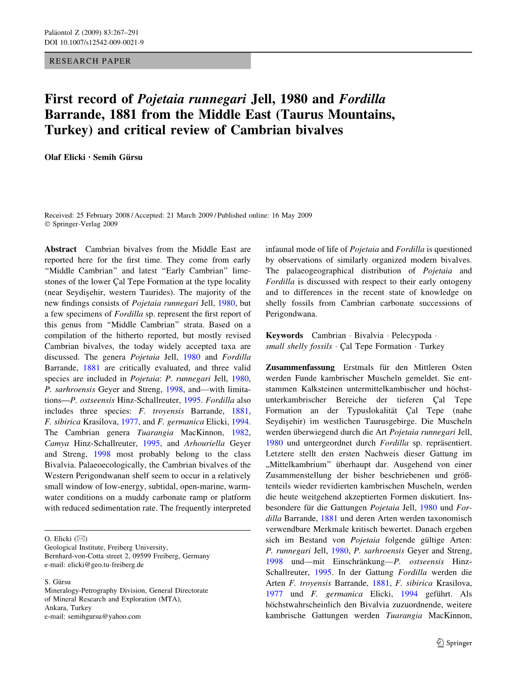 First Record of Pojetaia Runnegari Jell, 1980 and Fordilla Barrande, 1881 from the Middle East (Taurus Mountains, Turkey) and Critical Review of Cambrian Bivalves