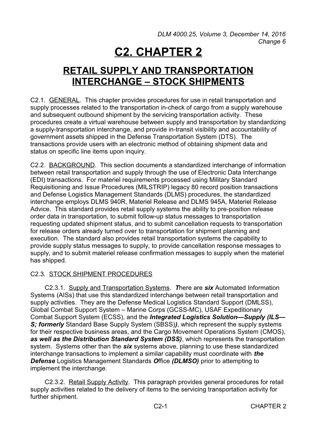 Chapter 2 - Retail Supply and Transportation Interchange-Stock Shipments