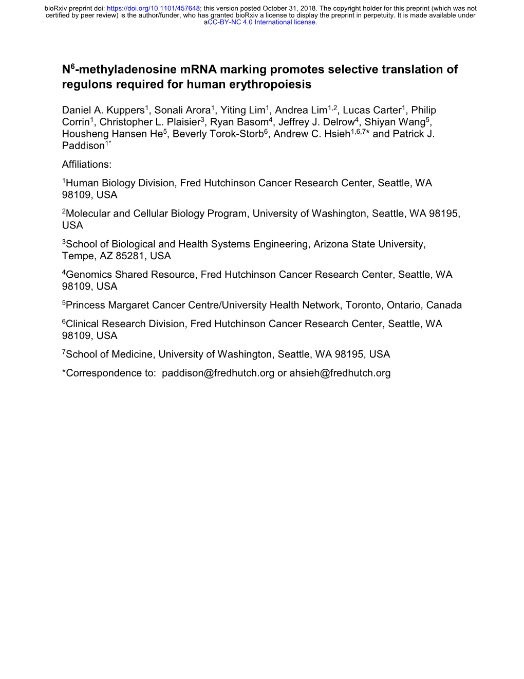 N6-Methyladenosine Mrna Marking Promotes Selective Translation of Regulons Required for Human Erythropoiesis