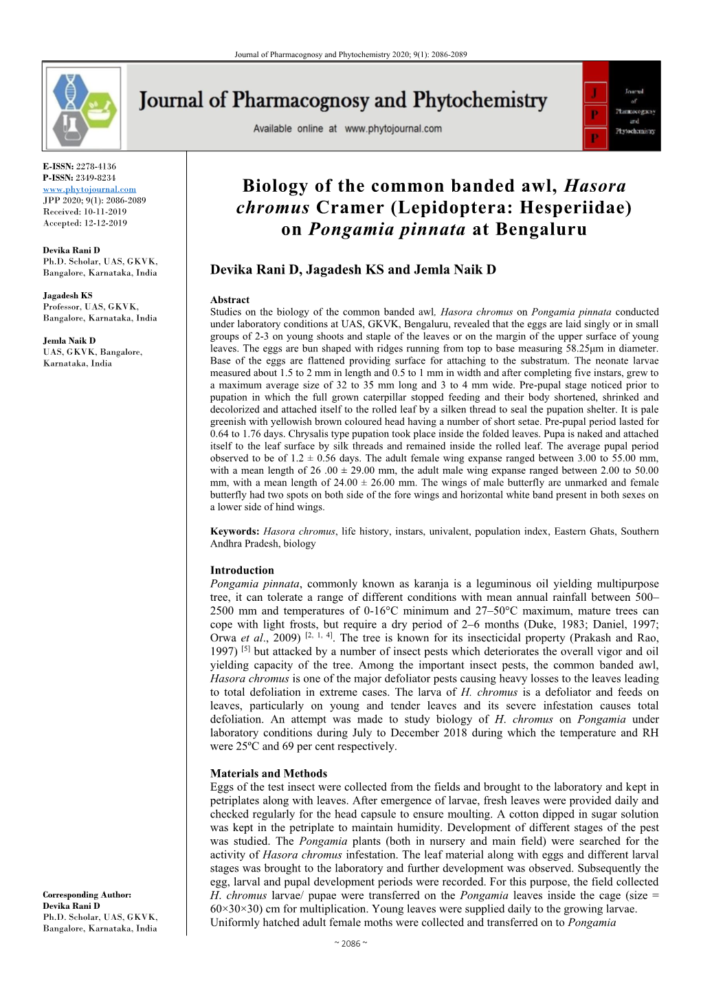 Biology of the Common Banded Awl, Hasora Chromus Cramer (Lep.: Satyridae), Bull