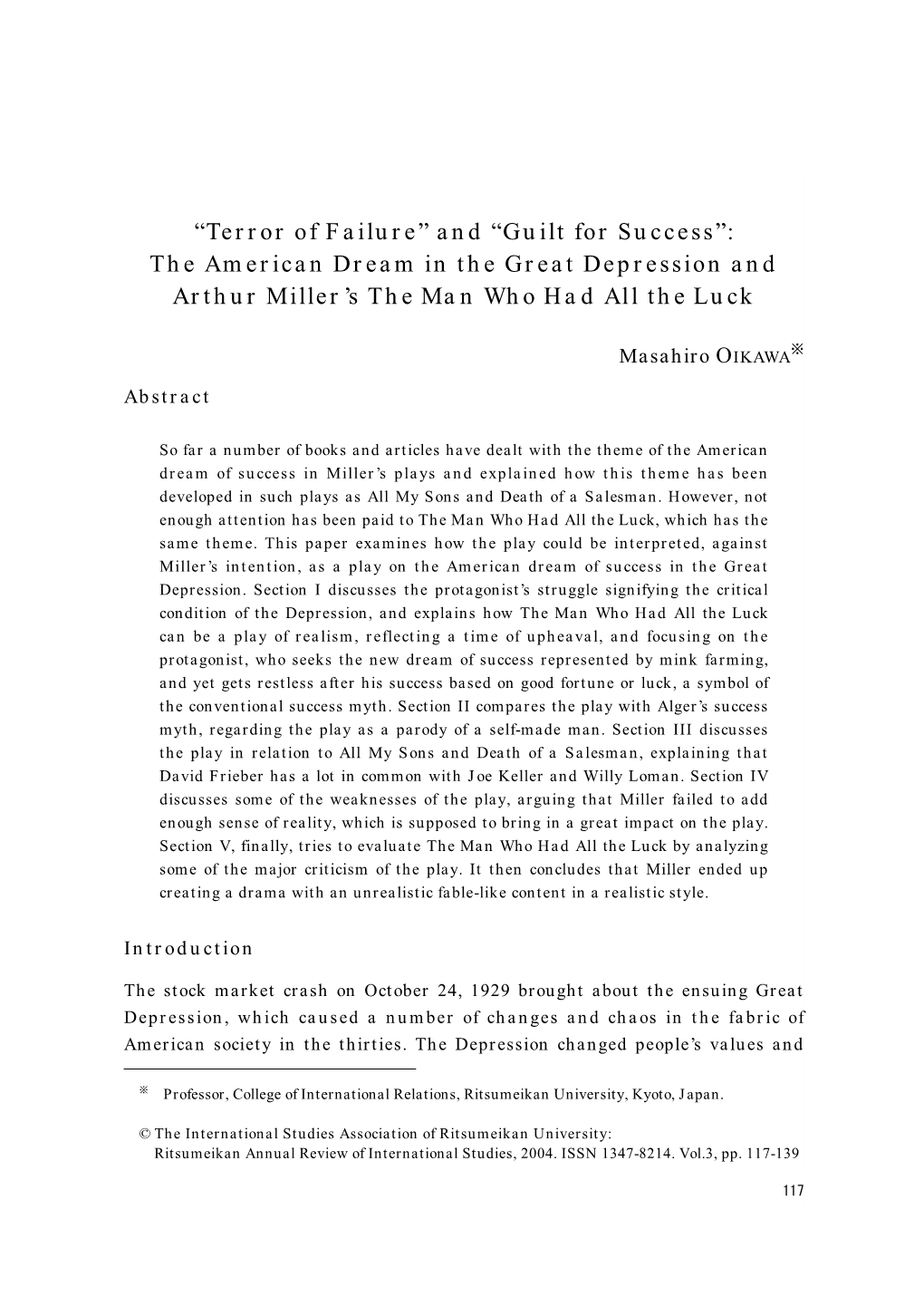 “Terror of Failure” and “Guilt for Success”: the American Dream in the Great Depression and Arthur Miller's the Man Wh