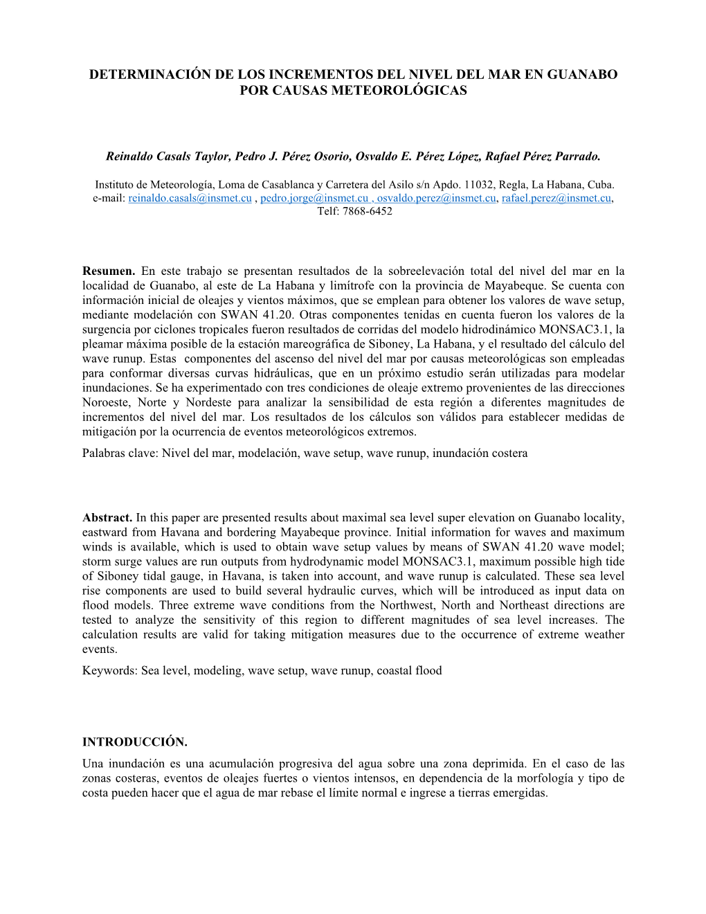Determinación De Los Incrementos Del Nivel Del Mar En Guanabo Por Causas Meteorológicas