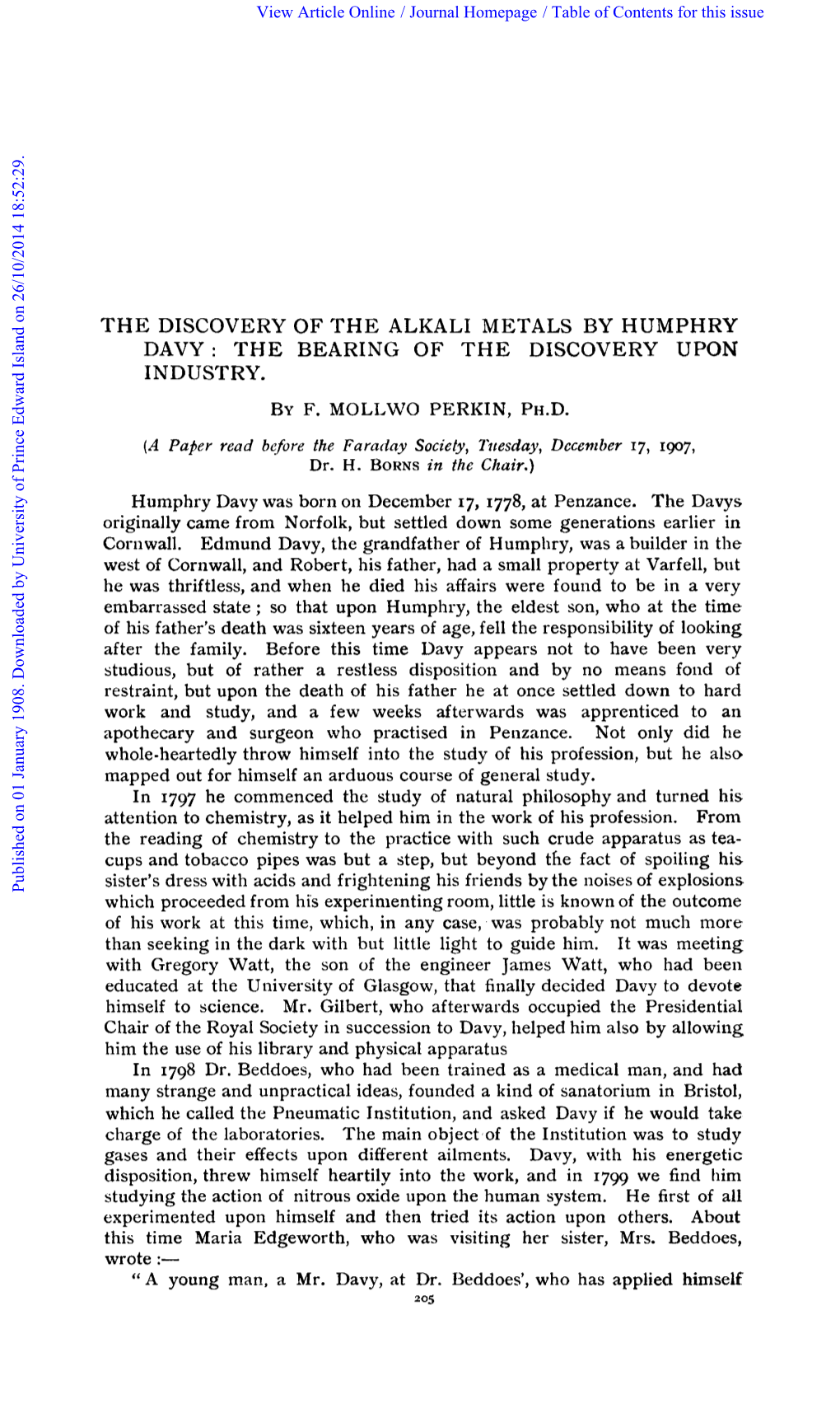 The Discovery of the Alkali Metals by Humphry Davy: the Bearing of the Discovery Upon Industry