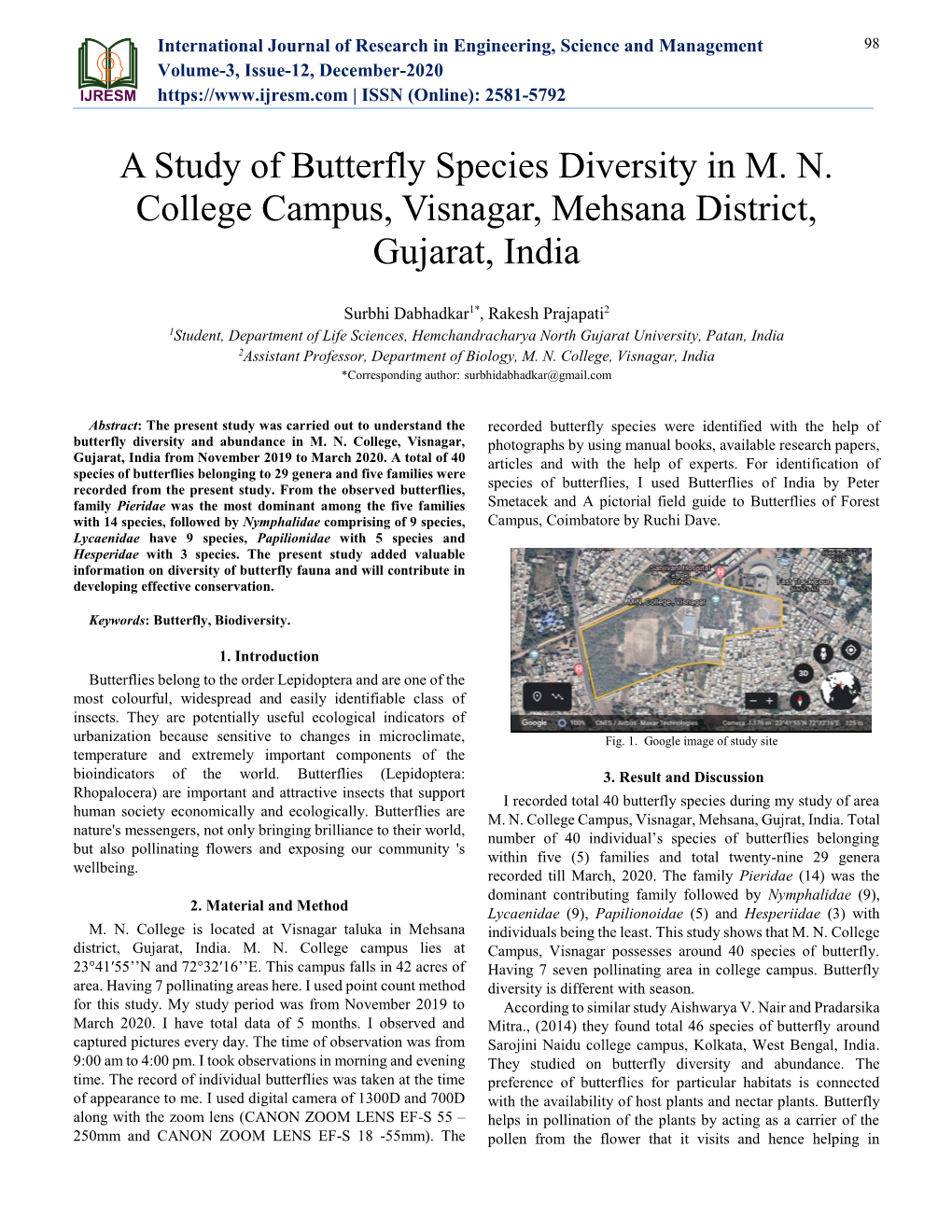 A Study of Butterfly Species Diversity in M. N. College Campus, Visnagar, Mehsana District, Gujarat, India