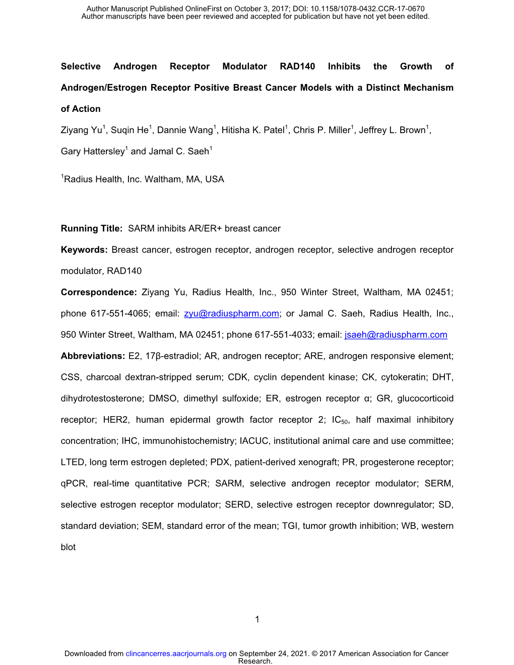 Selective Androgen Receptor Modulator RAD140 Inhibits the Growth Of
