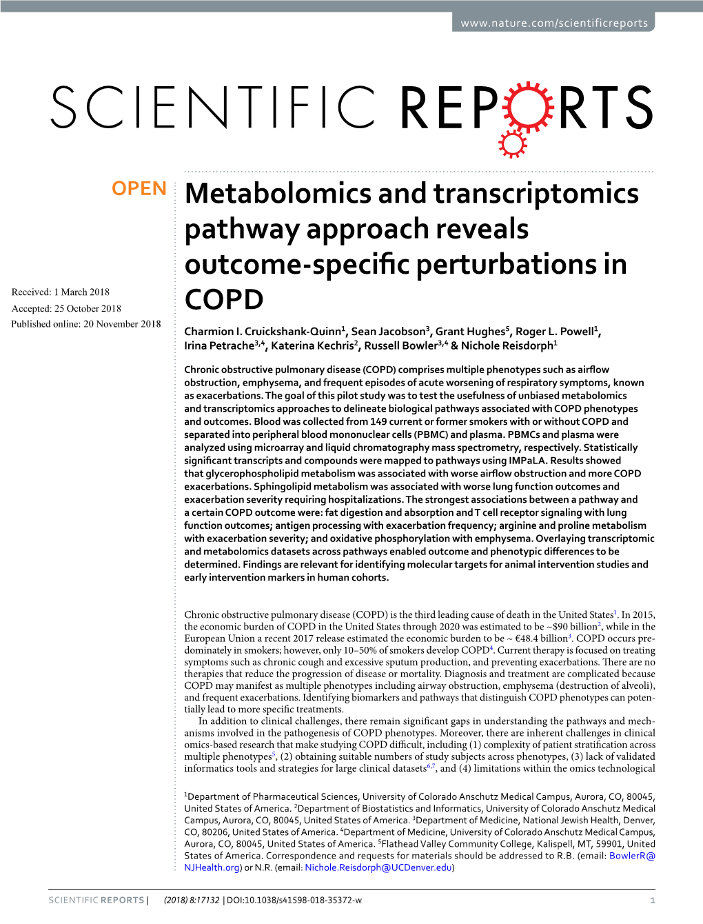 Metabolomics and Transcriptomics Pathway Approach Reveals Outcome