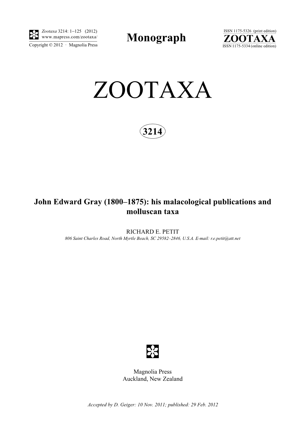 His Malacological Publications and Molluscan Taxa