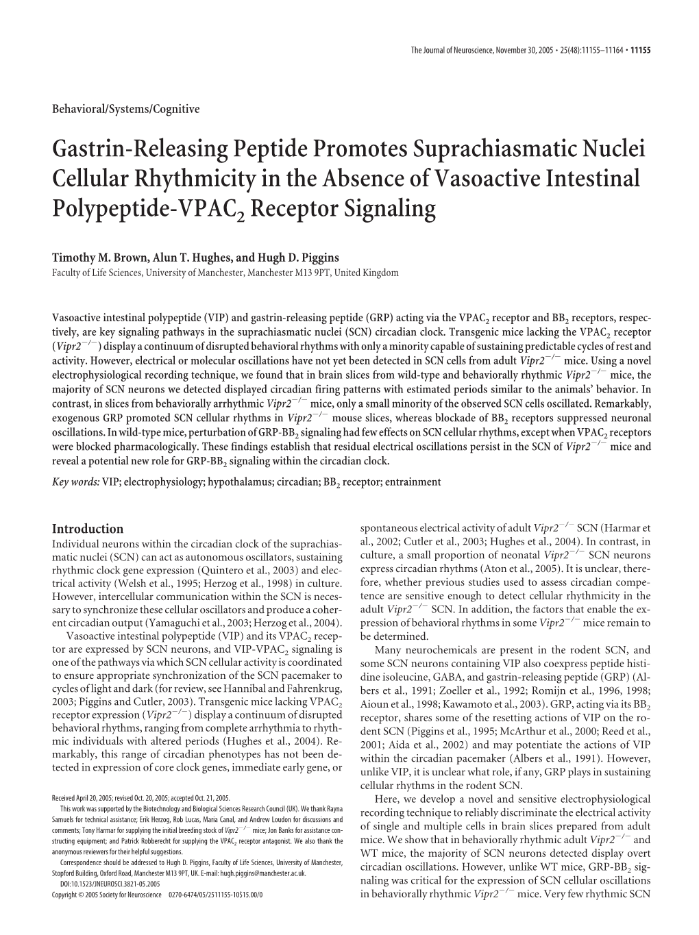 Gastrin-Releasing Peptide Promotes Suprachiasmatic Nuclei Cellular Rhythmicity in the Absence of Vasoactive Intestinal