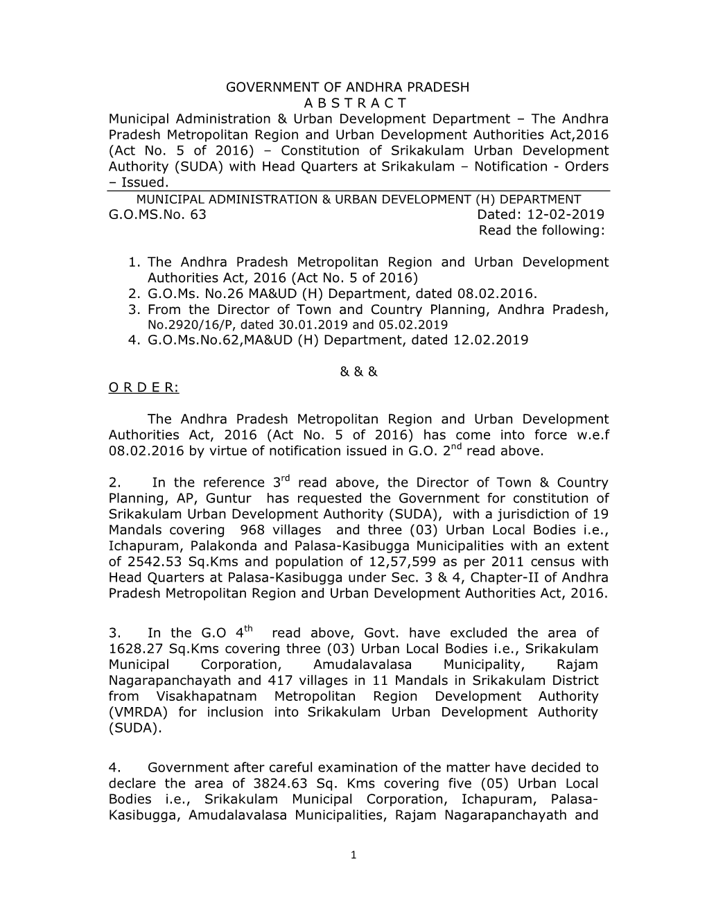 Srikakulam Urban Development Authority (SUDA) with Head Quarters at Srikakulam – Notification - Orders – Issued