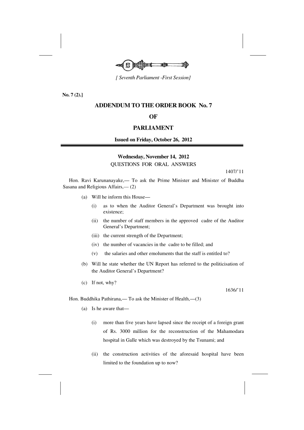 ADDENDUM to the ORDER BOOK No. 7 of PARLIAMENT