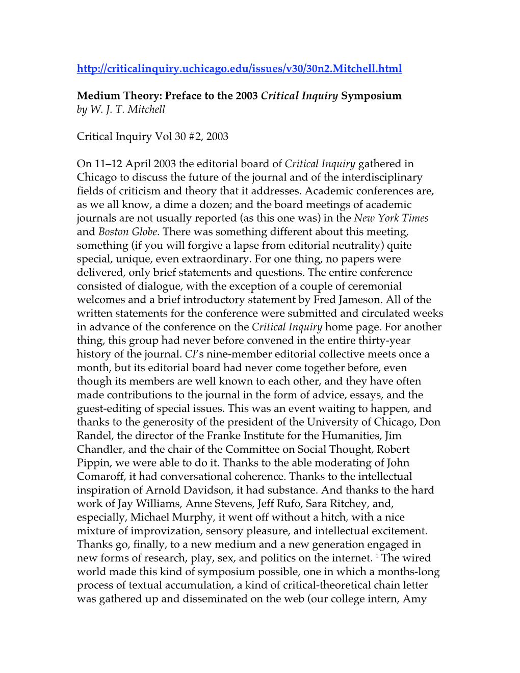 Medium Theory: Preface to the 2003 Critical Inquiry Symposium by W