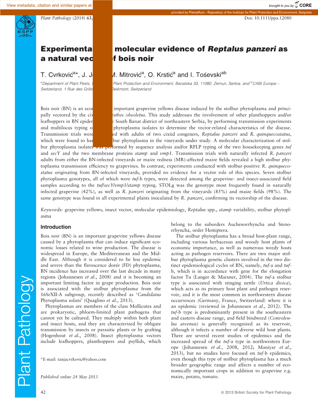 Experimental and Molecular Evidence of Reptalus Panzeri As a Natural Vector of Bois Noir