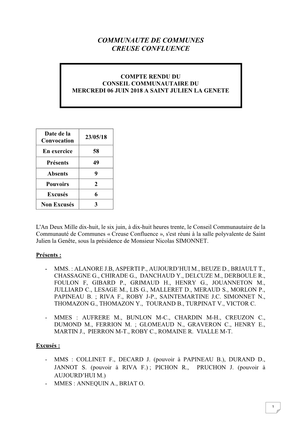 Conseil Communautaire Du 06 06 2018