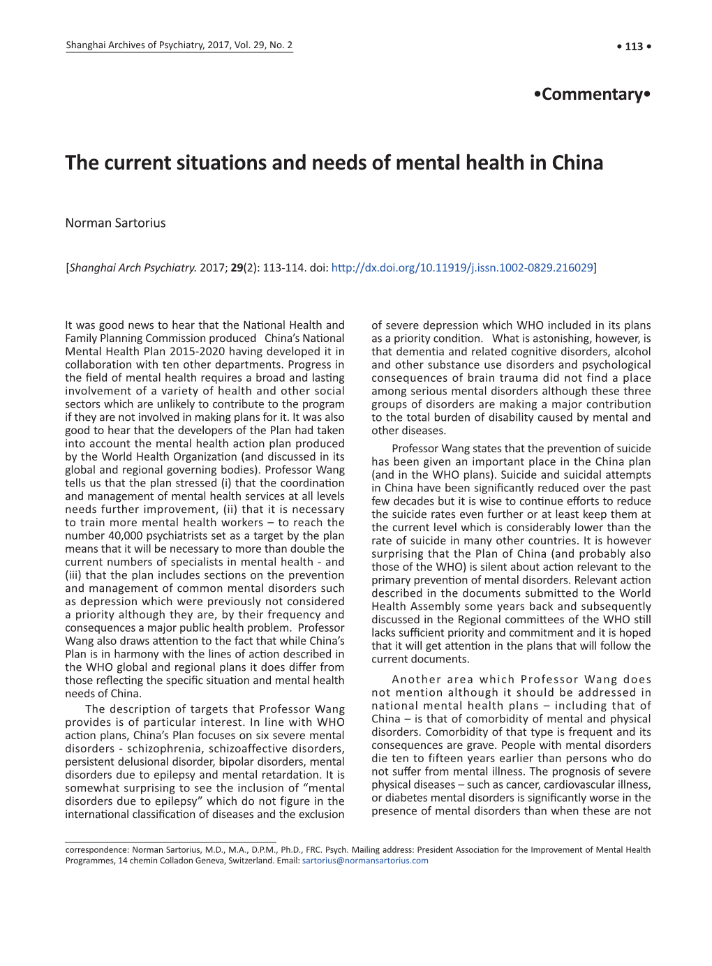 The Current Situations and Needs of Mental Health in China