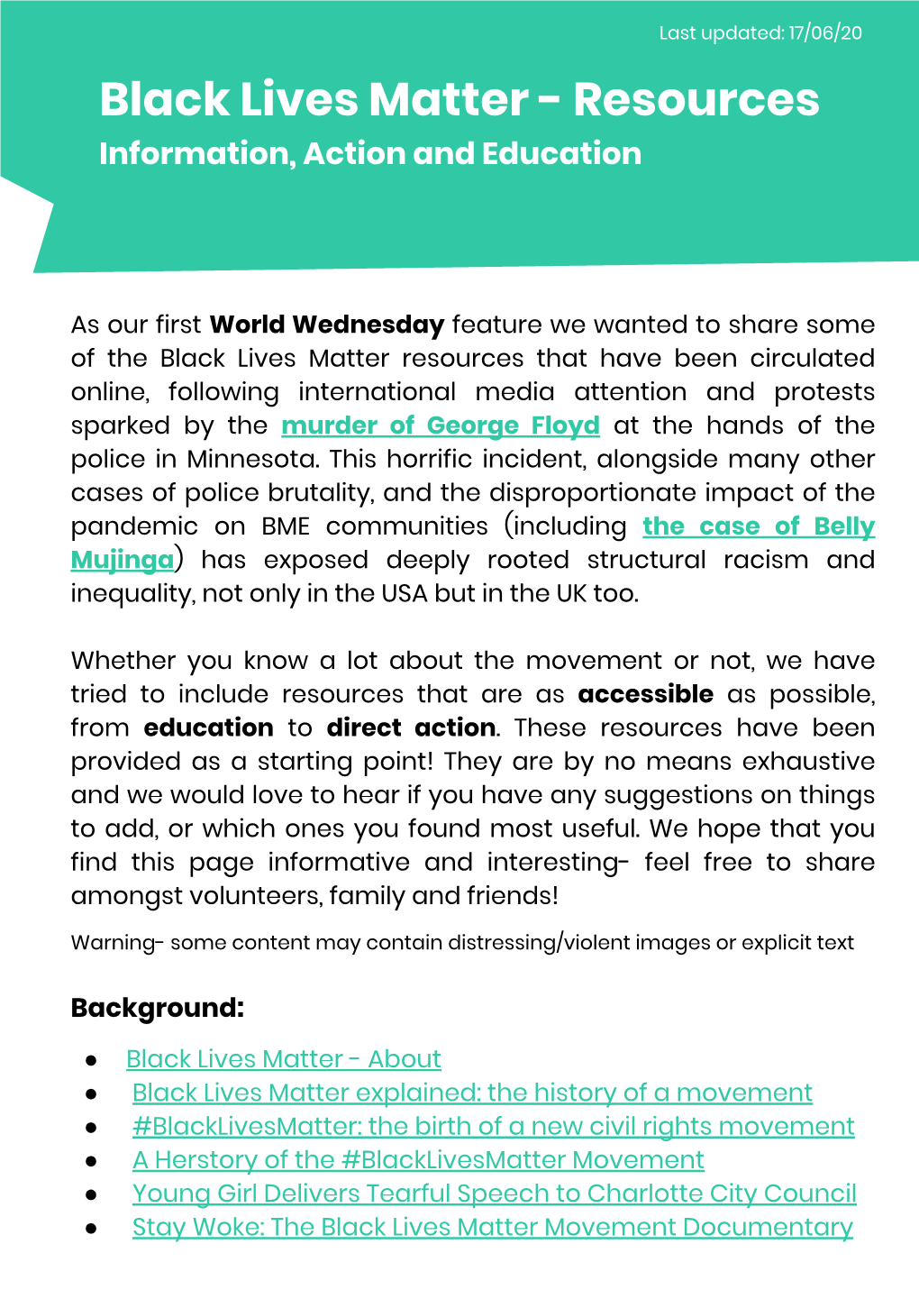 Black Lives Matter - Resources Information, Action and Education