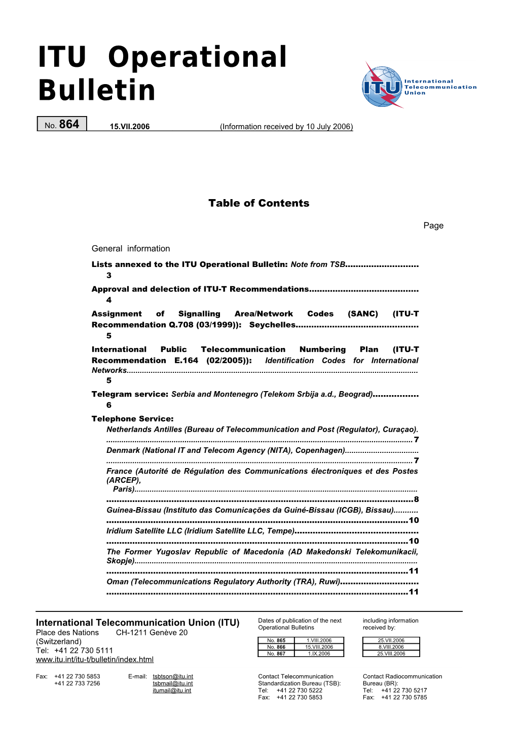 ITU Operational Bulletin No. 864 Du 15.VII.2006