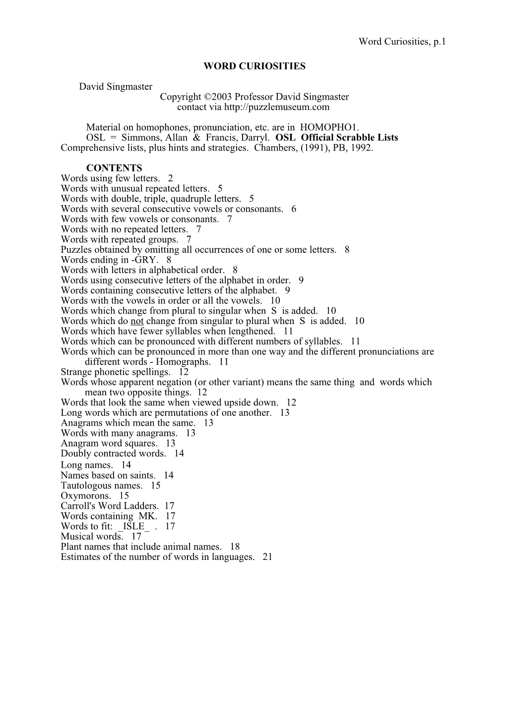 OSL Official Scrabble Lists Comprehensive Lists