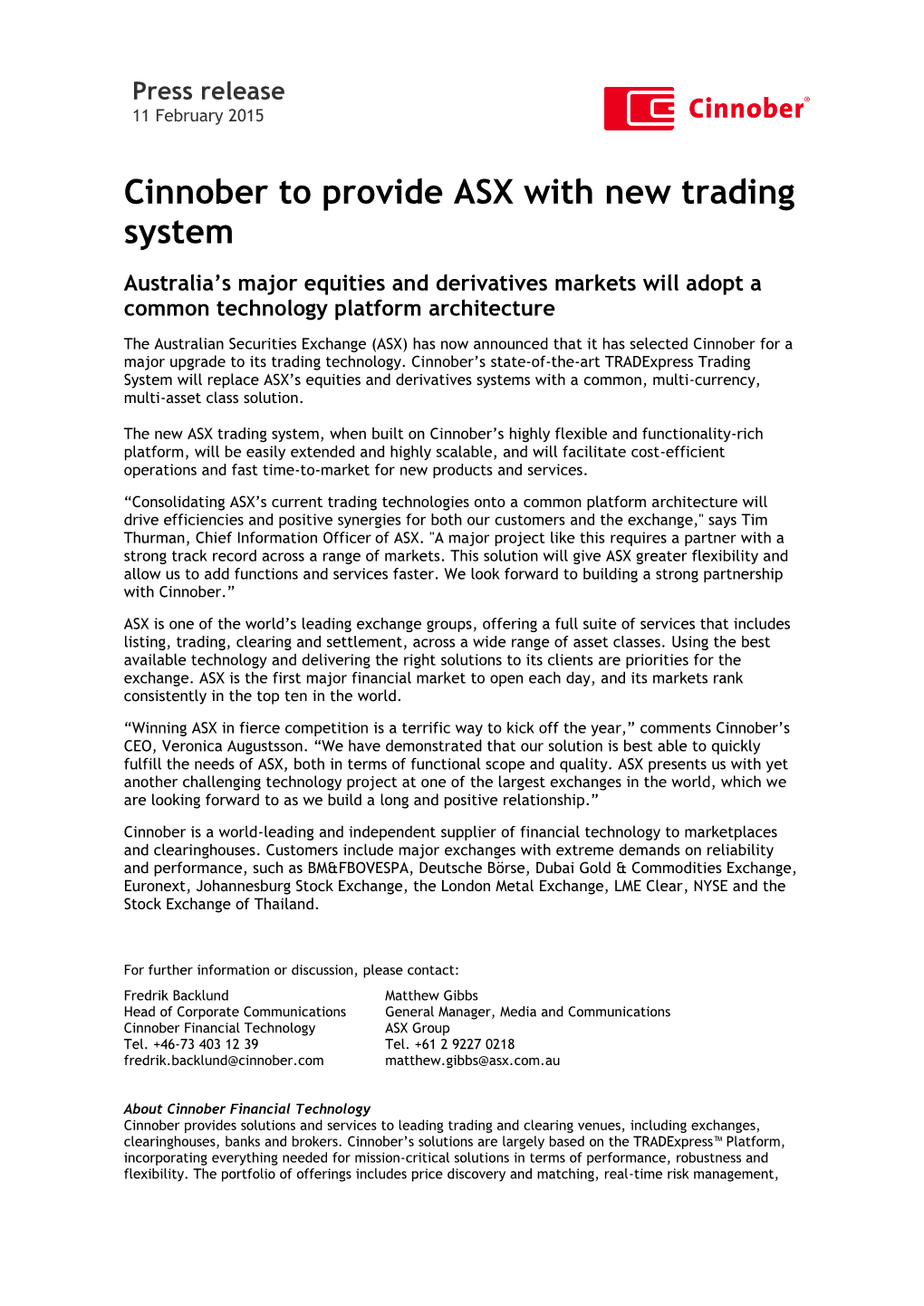 Cinnober to Provide ASX with New Trading System
