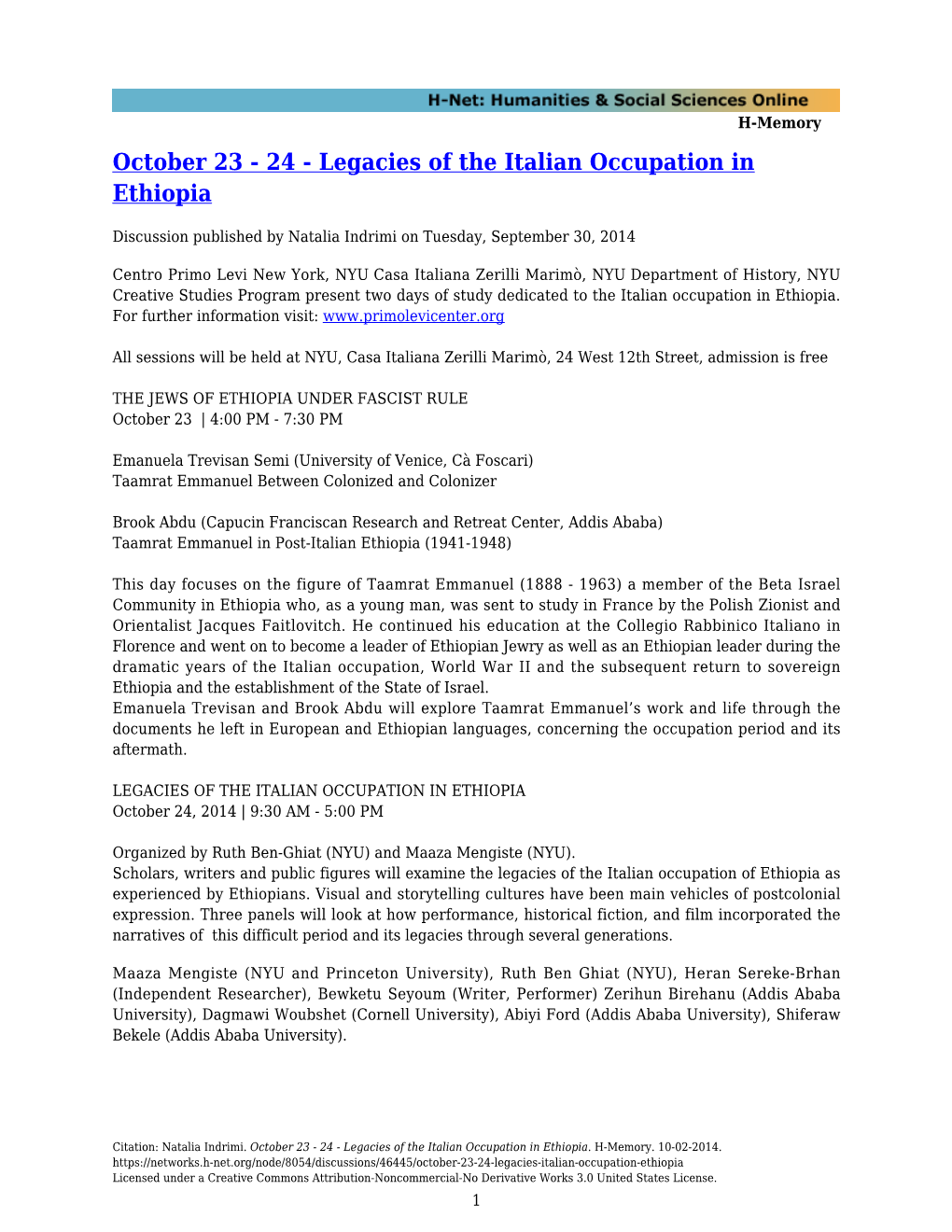 October 23 - 24 - Legacies of the Italian Occupation in Ethiopia