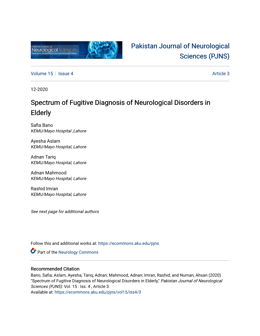 Spectrum of Fugitive Diagnosis of Neurological Disorders in Elderly