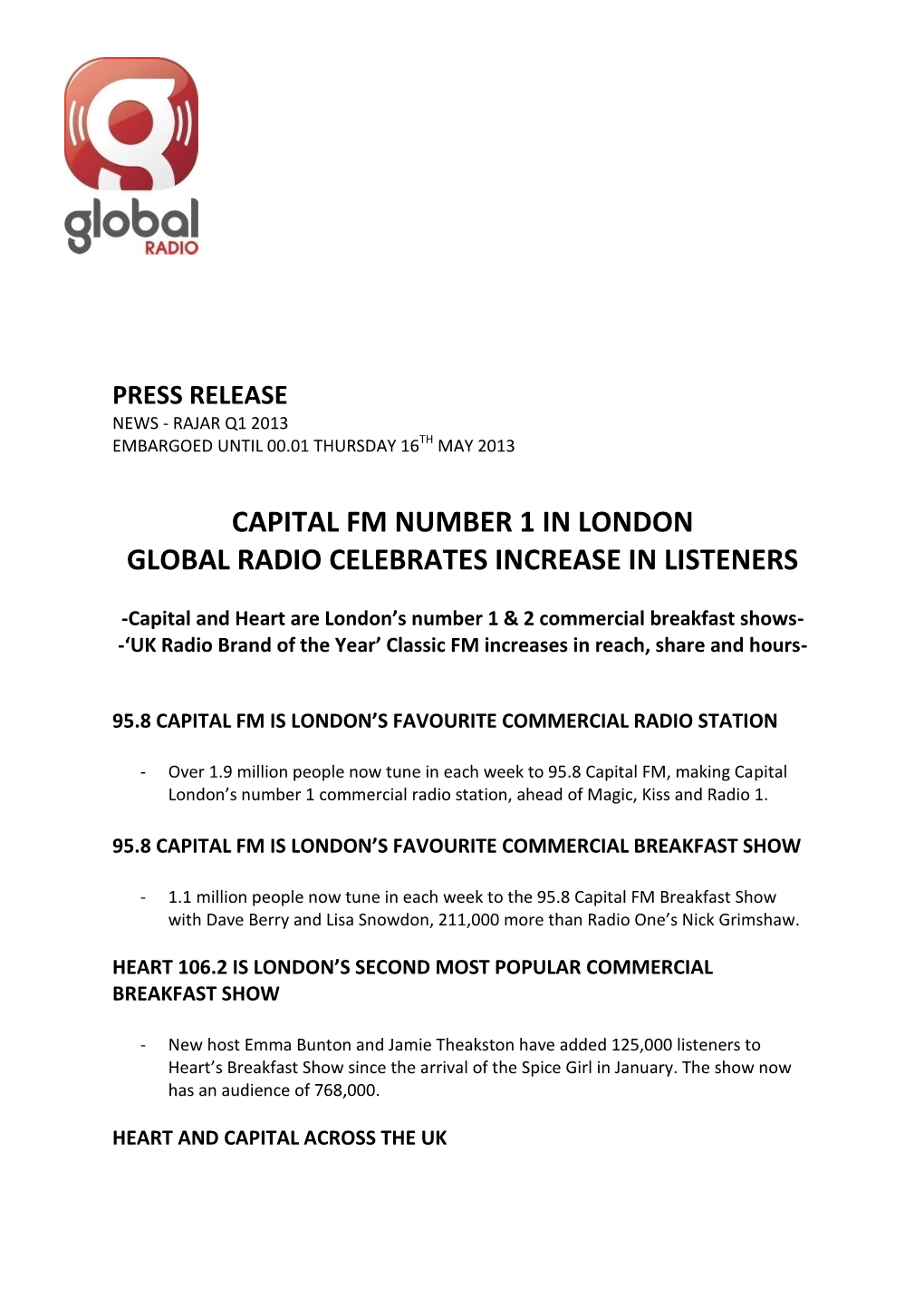 Capital Fm Number 1 in London Global Radio Celebrates Increase in Listeners