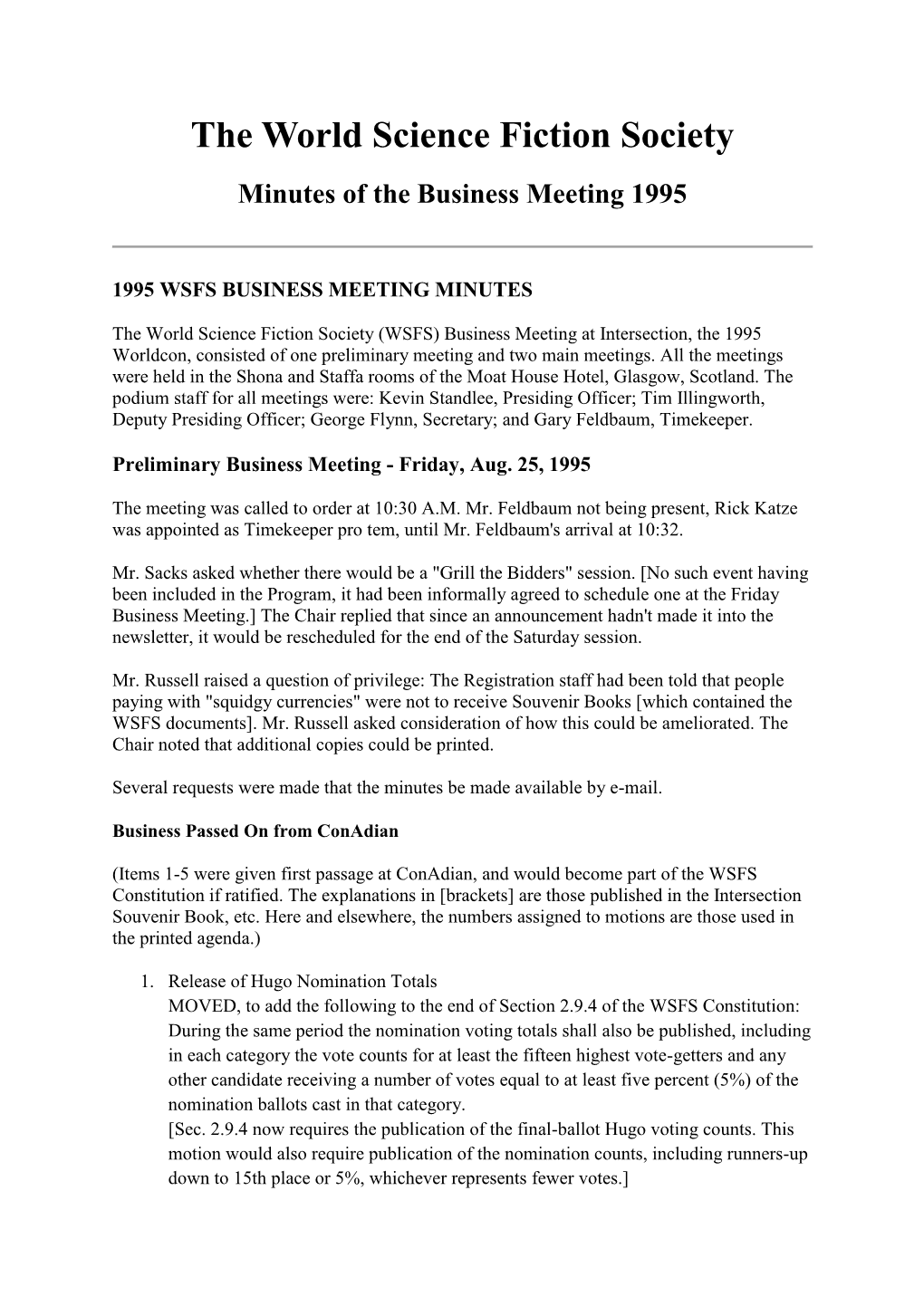 The World Science Fiction Society Minutes of the Business Meeting 1995