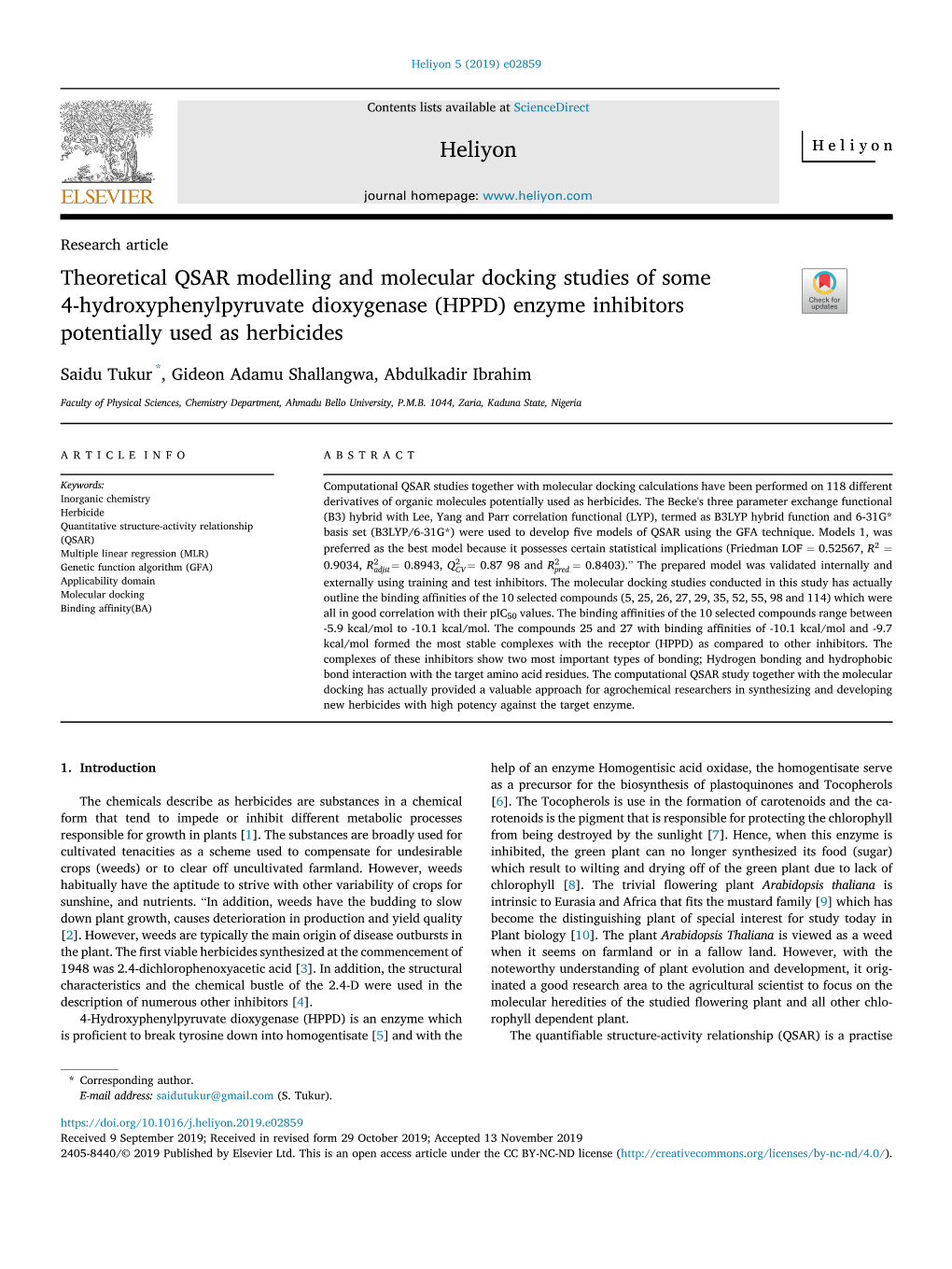 Theoretical QSAR Modelling and Molecular Docking Studies of Some 4-Hydroxyphenylpyruvate Dioxygenase (HPPD) Enzyme Inhibitors Potentially Used As Herbicides