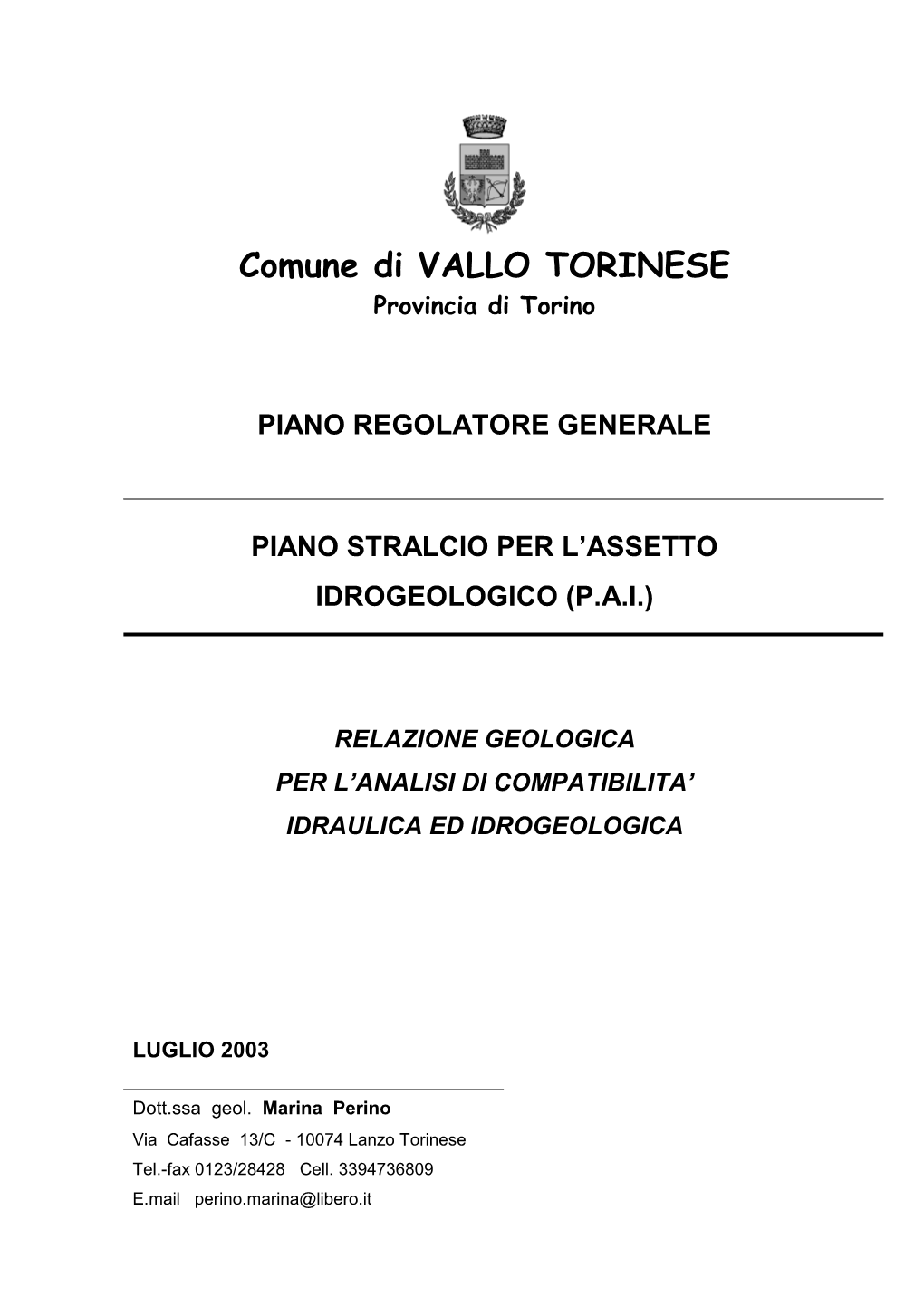 Comune Di VALLO TORINESE Provincia Di Torino