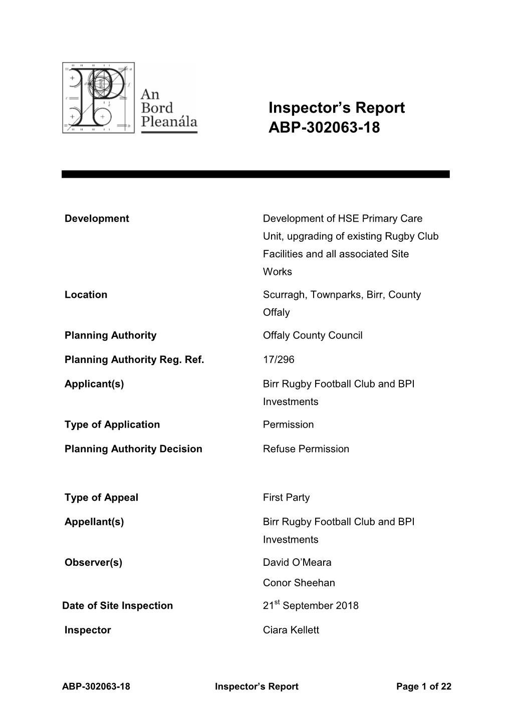 Inspector's Report ABP-302063-18