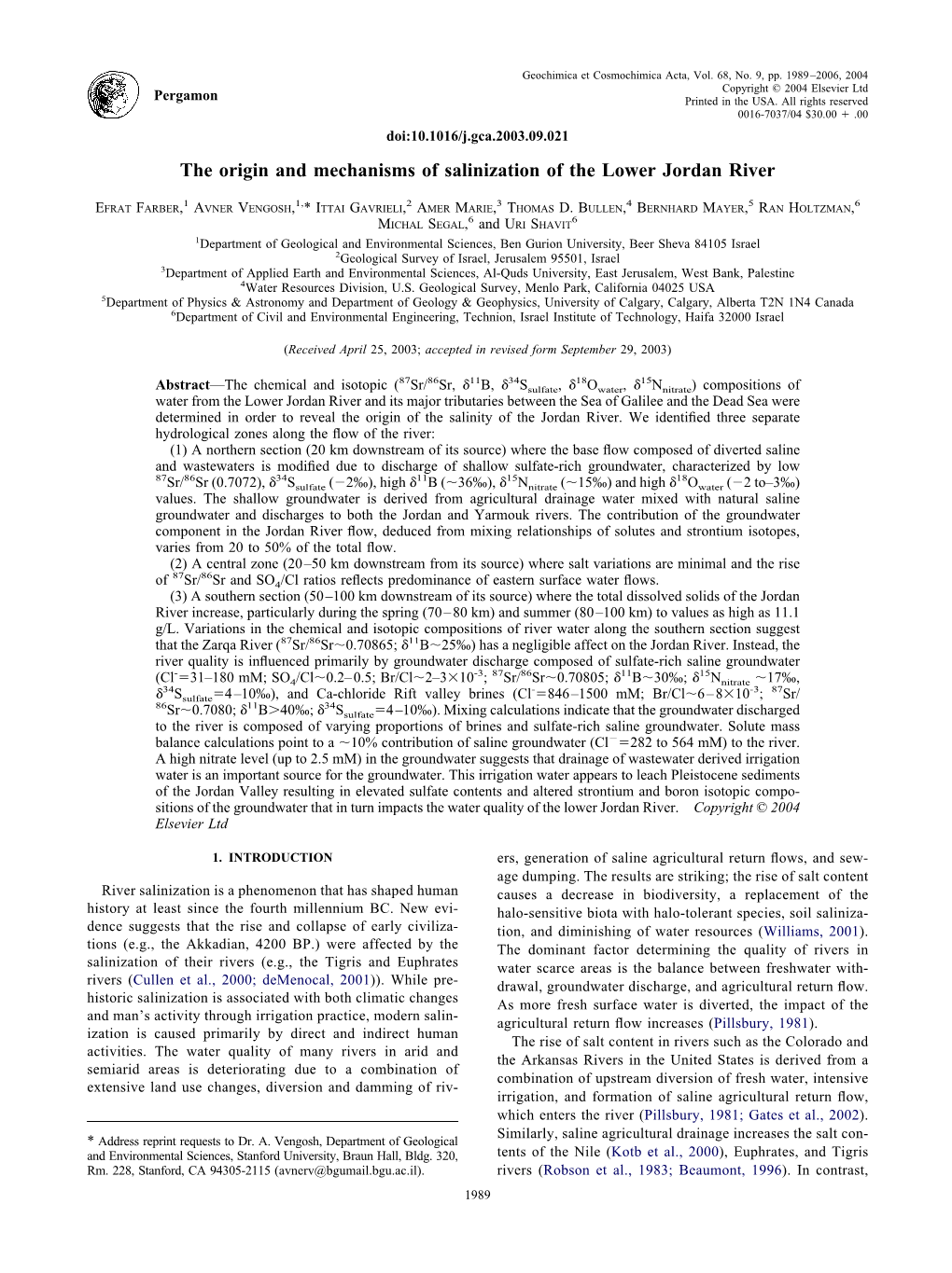 The Origin and Mechanisms of Salinization of the Lower Jordan River