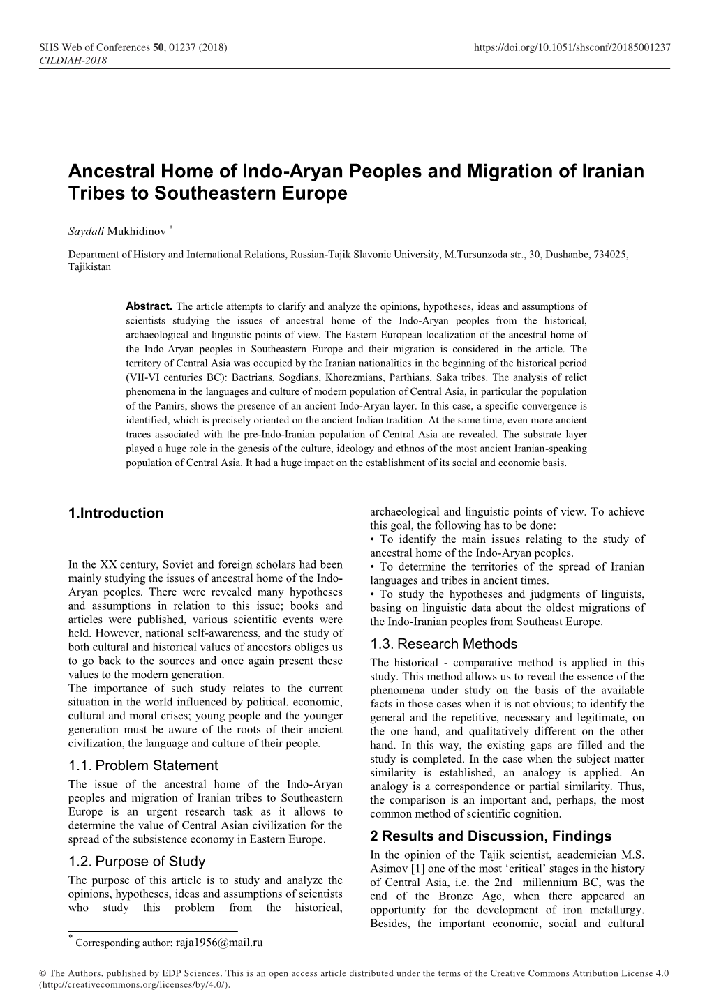 Ancestral Home of Indo-Aryan Peoples and Migration of Iranian Tribes to Southeastern Europe