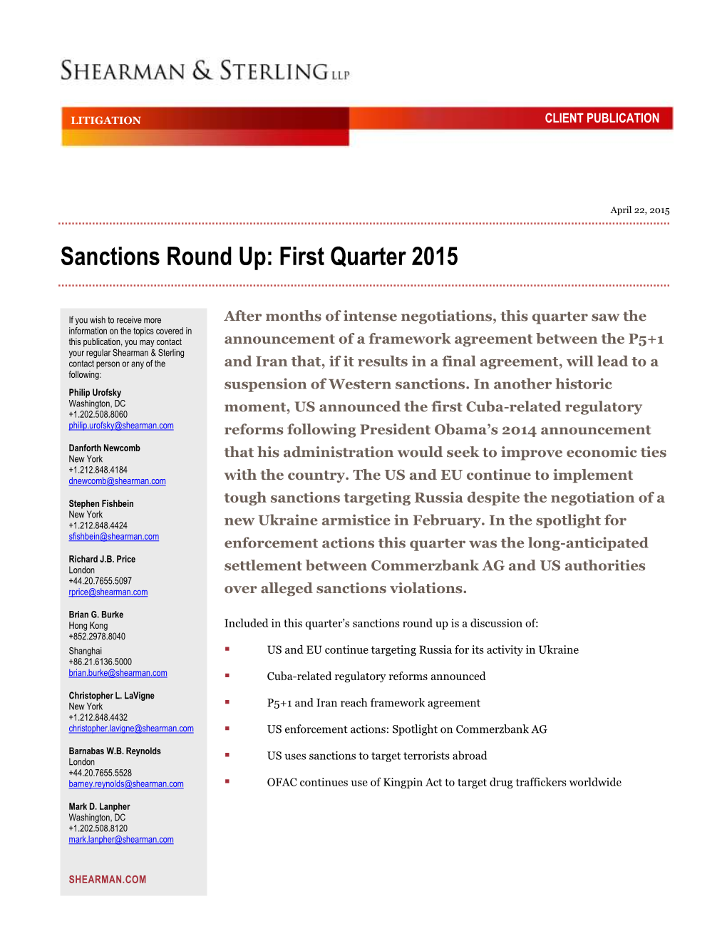Sanctions Round Up: First Quarter 2015