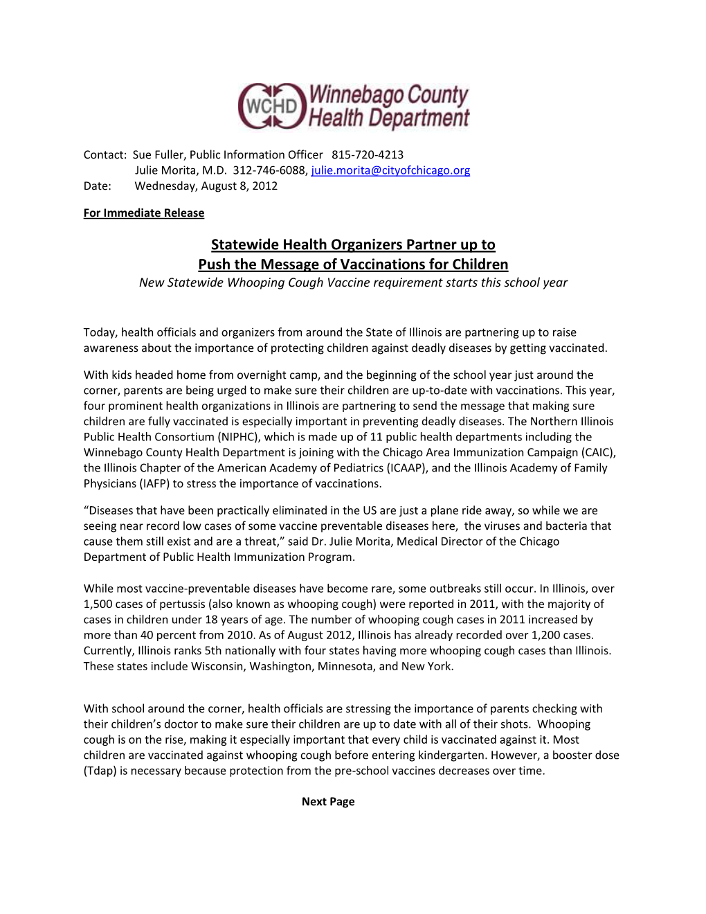 Statewide Health Organizers Partner up to Push the Message of Vaccinations for Children New Statewide Whooping Cough Vaccine Requirement Starts This School Year