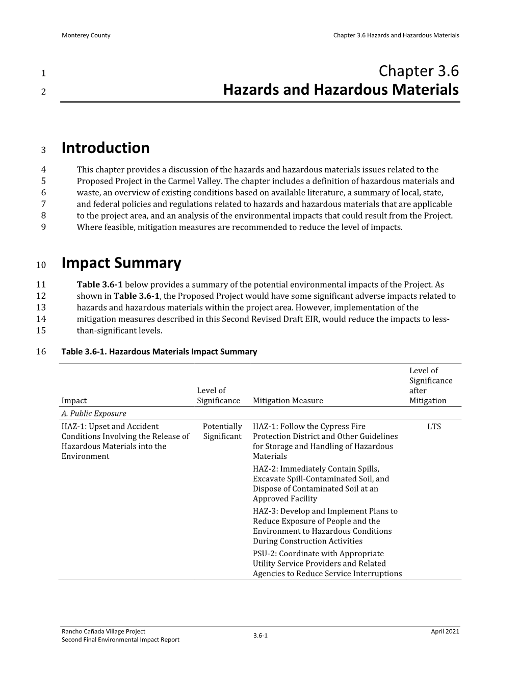 Chapter 3.6 Hazards and Hazardous Materials Introduction Impact