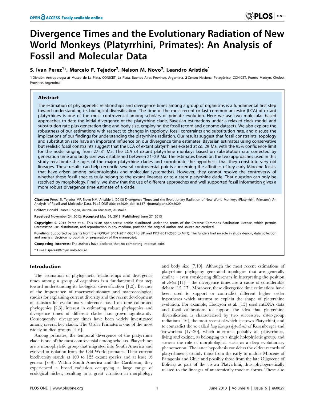 Platyrrhini, Primates): an Analysis of Fossil and Molecular Data