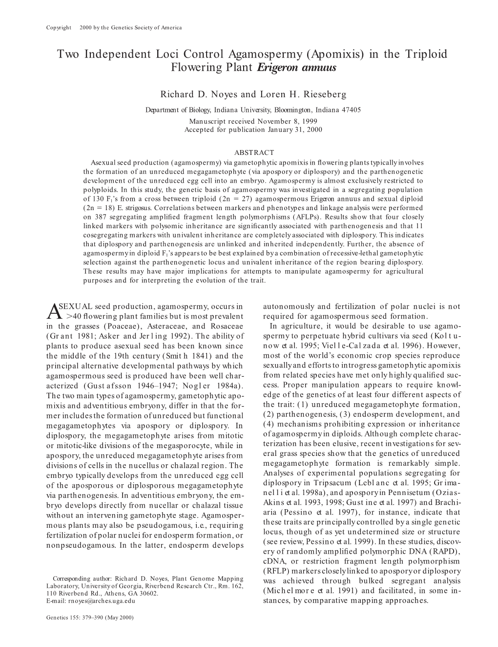 Apomixis) in the Triploid Flowering Plant Erigeron Annuus