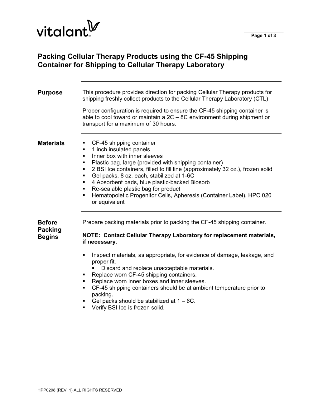 Packing Cellular Therapy Products Using the CF-45 Shipping Container for Shipping to Cellular Therapy Laboratory