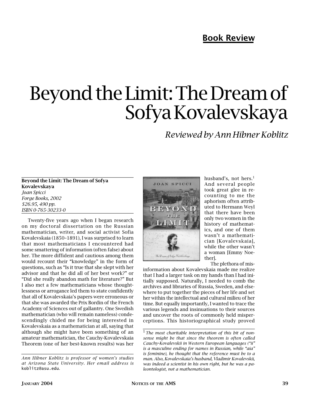 Beyond the Limit: the Dream of Sofya Kovalevskaya