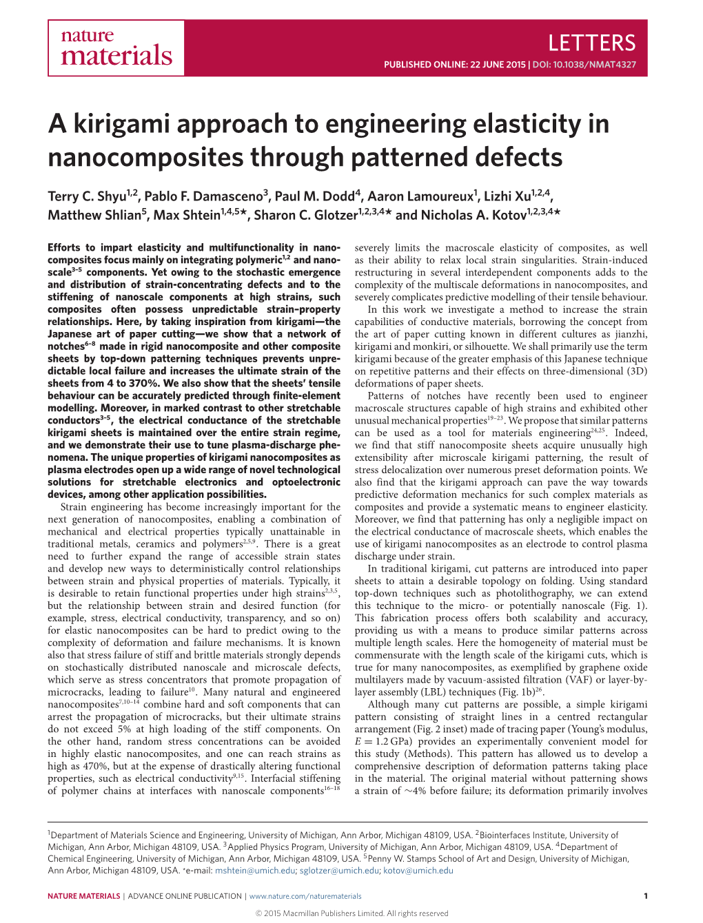 A Kirigami Approach to Engineering Elasticity in Nanocomposites Through Patterned Defects