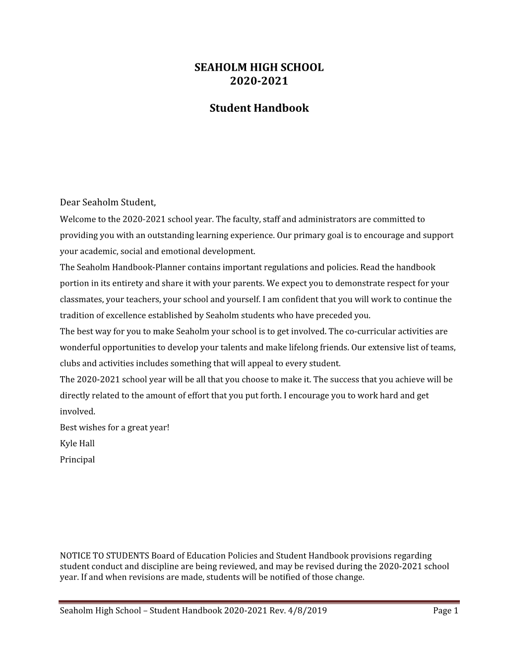 SEAHOLM HIGH SCHOOL 2020-2021 Student Handbook
