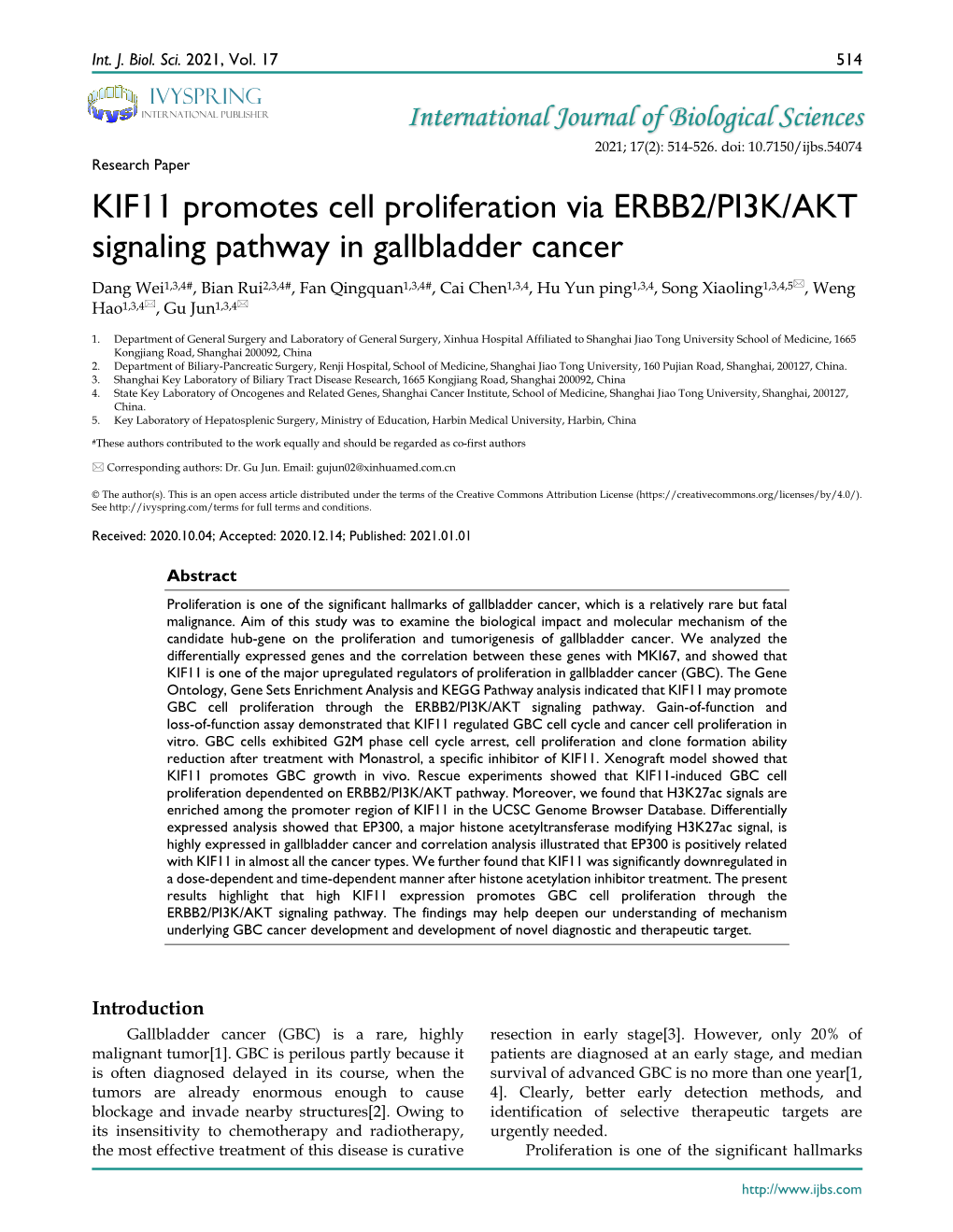 KIF11 Promotes Cell Proliferation Via ERBB2/PI3K/AKT Signaling