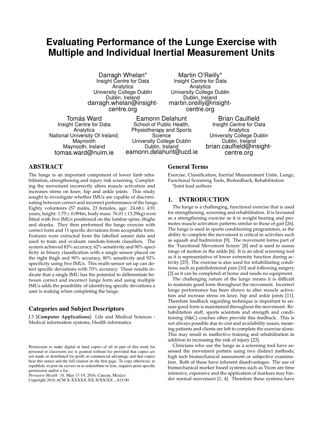 Evaluating Performance of the Lunge Exercise with Multiple and Individual Inertial Measurement Units