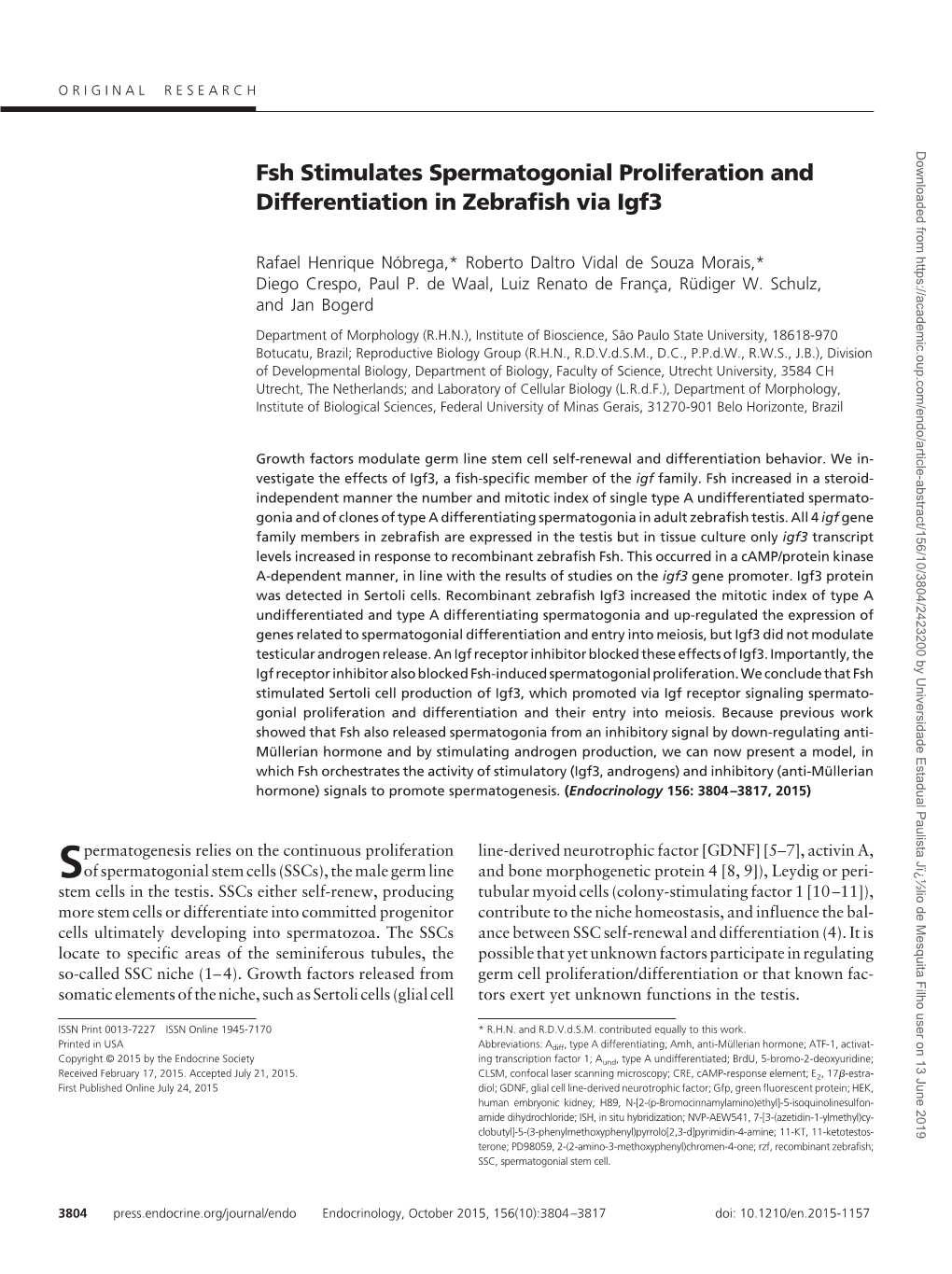 Fsh Stimulates Spermatogonial Proliferation and Differentiation in Zebrafish Via Igf3