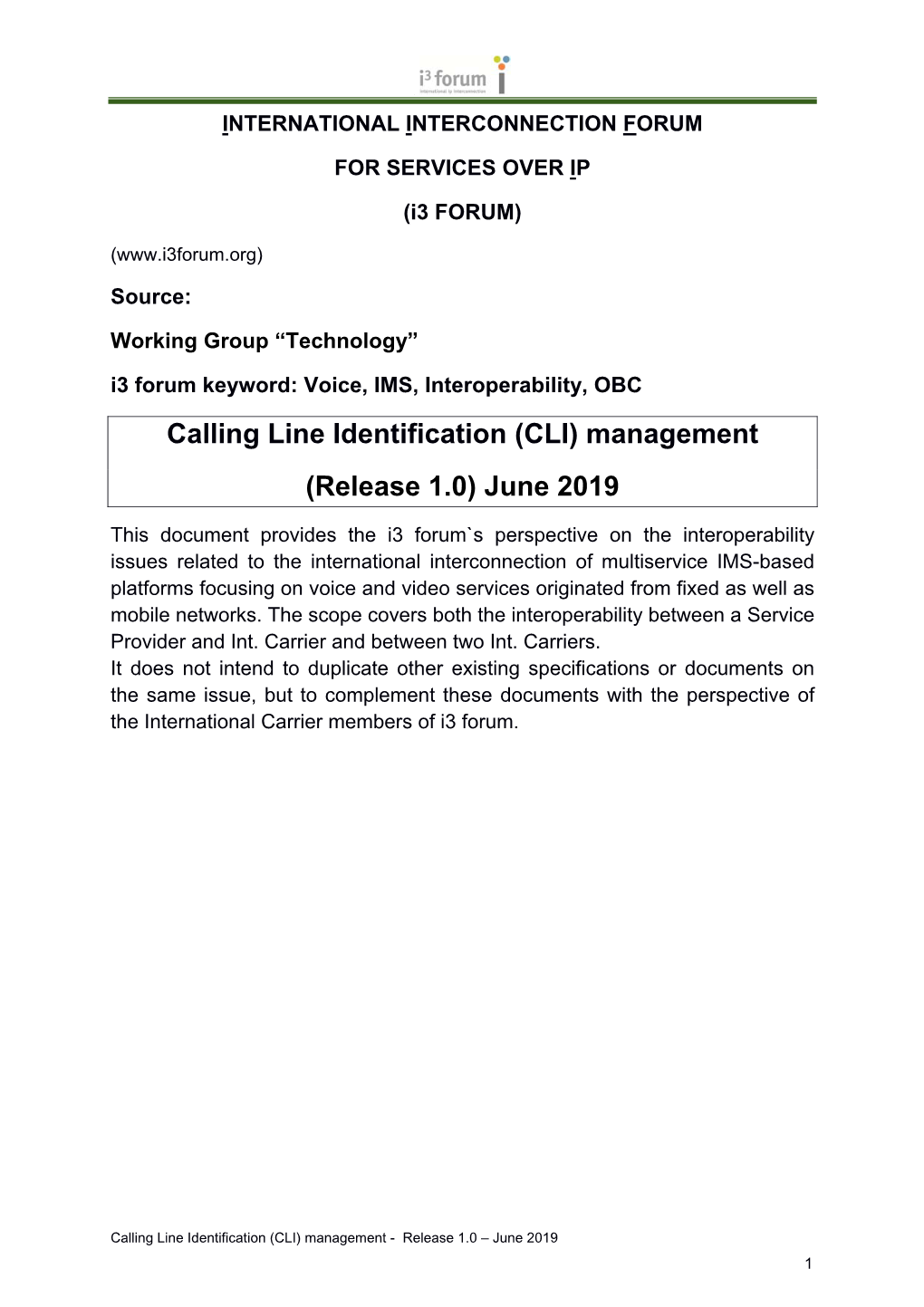 Calling Line Identification (CLI) Management (Release 1.0) June 2019