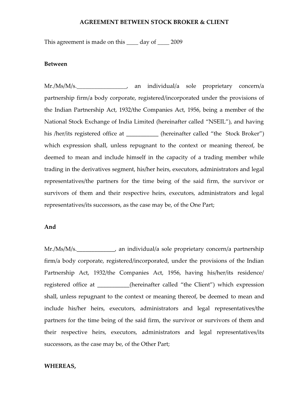 Agreement Between Stock Broker & Client