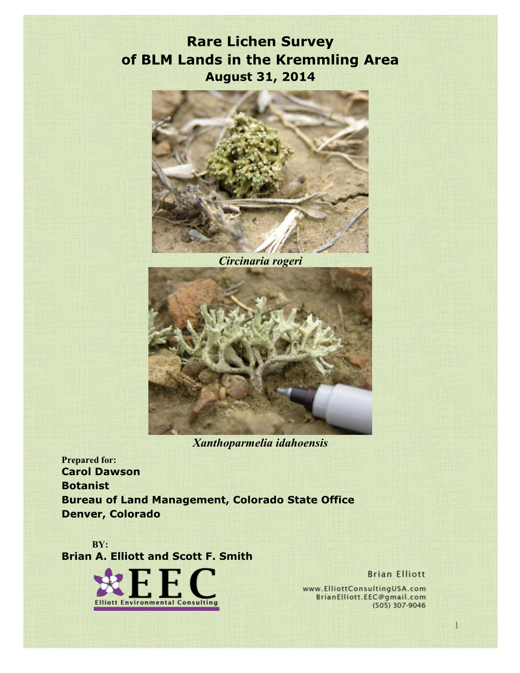 Rare Lichen Survey of BLM Lands in the Kremmling Area August 31, 2014